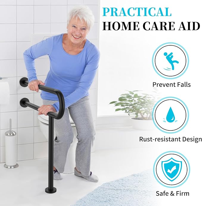 Toilet Support Rail 32 Inch, Munzong Black Handicap Grab Bar Seniors | Anti-Slip Stainless Steel Knurled Safety Handrails with Leg for Elderly Bathroom Disabled Pregnant-1.25’Tube