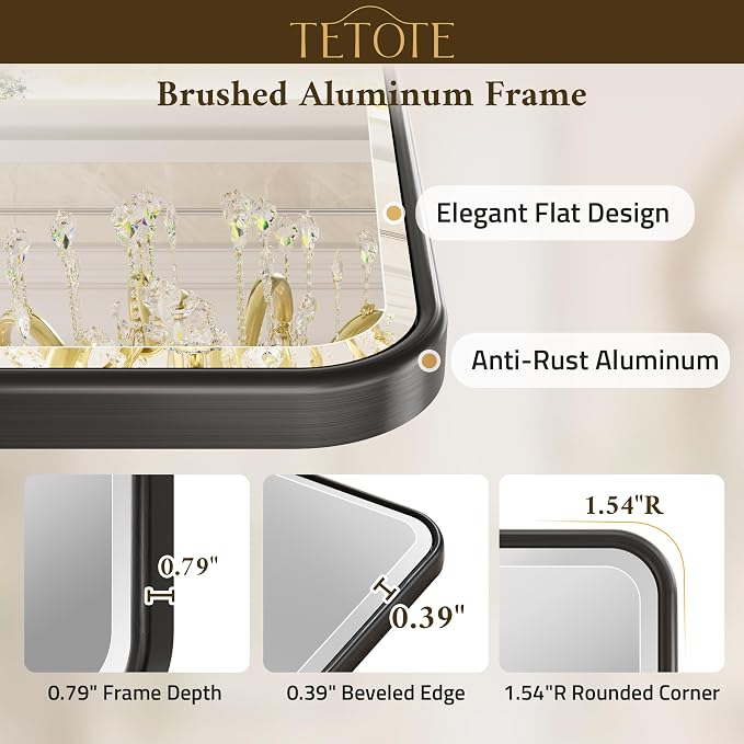 Black Mirrors for Wall 30 x 36 Beveled Edge Tempered Glass, Rounded Corner Rectangle Framed Mirror for Modern Bathroom, Living Room, Bedroom, Entryway