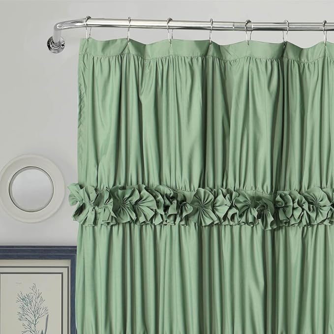 Light Green Ruffle Shower Curtain 72“ W x 84” H | Vintage Handcrafted Bow Tie Bath Curtain for Master Bathroom, Ruched Microfiber Bathroom Curtain with 12 Buttonholes (LQ-10)