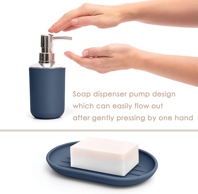 Moss & Stone 6-Piece Blue Bathroom Accessories Set, Soap Dispenser | Modern Plastic Bathroom Set with Toothbrush Holder, Soap Dish, Cup & Trash Can for Countertop Organization and Bathroom Decor