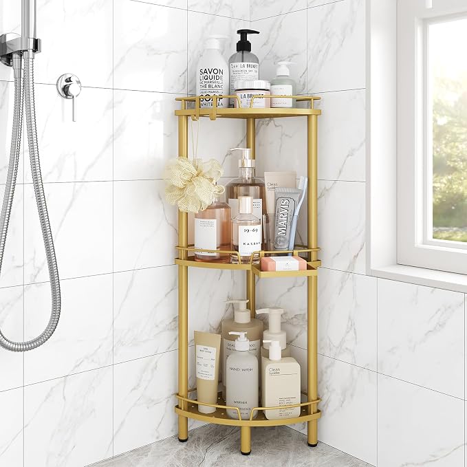 ELYKEN Corner Shower Caddy Standing, 3 Tier Metal Shower Organizer, Gold | Stainless Steel Shower Shelves with Soap Holder, Adjustable Feet & 2 Hooks for Storing Bath Essentials in Bathroom corner