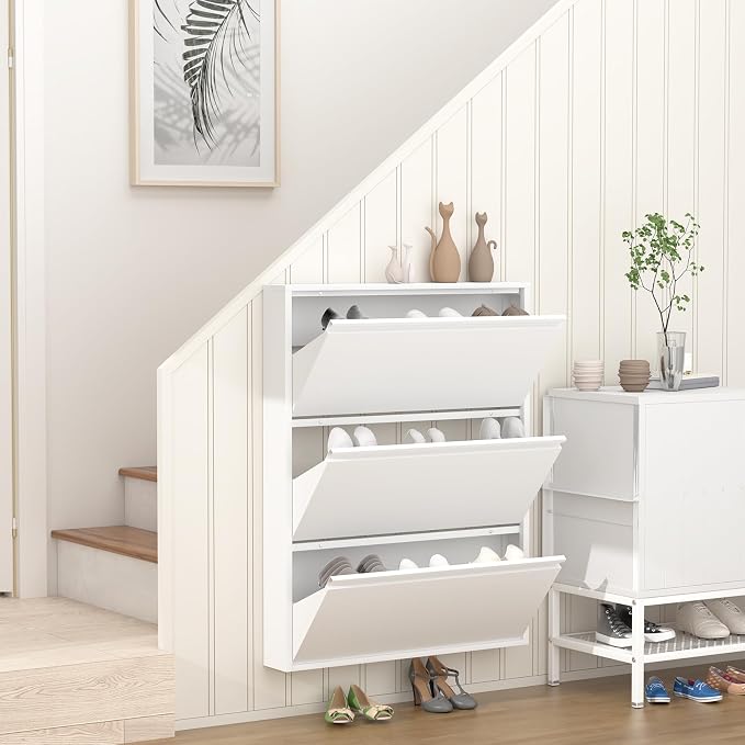 GREATMEET Shoe Rack for Closet, Slim Wall Mounted Metal Cabinet with 3 Flip Drawers, Steel Hidden Shoe Cabinet Storage for Entryway, Modern Narrow Shoe Organizer Cabinet for Mudroom, Hallway, White