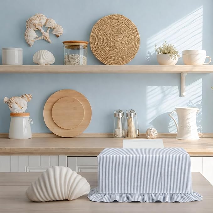 Sawysine Fabric Coastal Tissue Box Cover Rectangular Light Blue White Linen Tissue Box Cover Decorative Beach Napkin Holder for Home Bedroom Living Room Bathroom Office Kitchen, 9.8 x 5.4 x 4.2 Inch