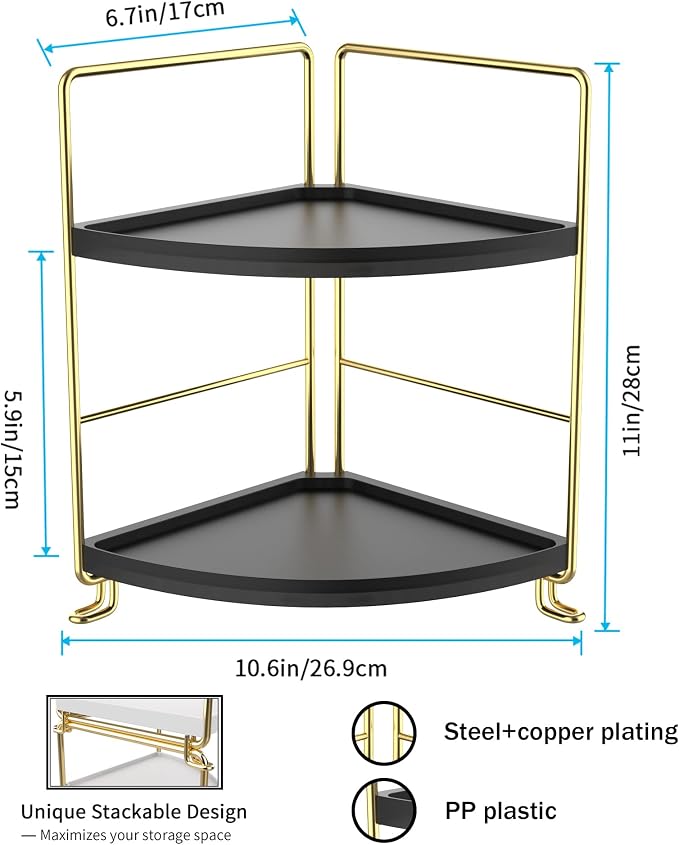 FSyueyun 2-Tier Corner Bathroom Counter Organizer, Gold & Black | Plastic Bathroom Organizer Countertop for Skincare, Perfume, Makeup, Tool-Free Assembly, Small Bathroom Corner Tray Shelf