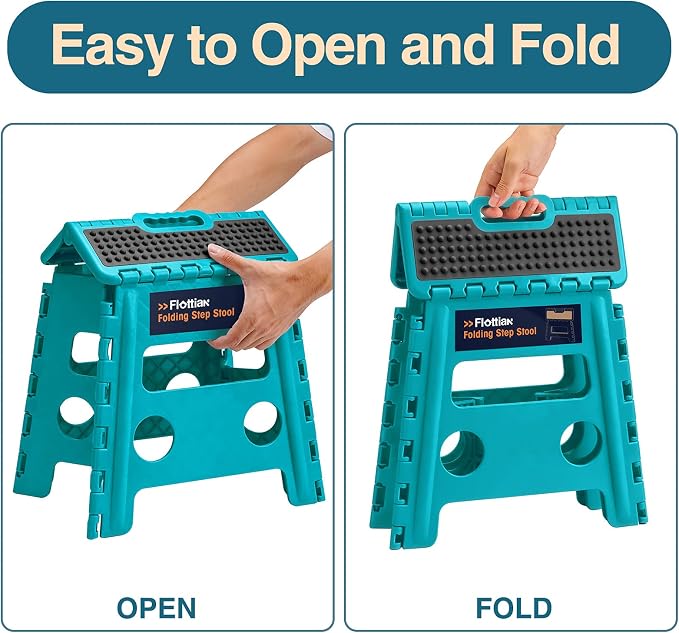 Flottian 13" Folding Step Stool for Adults and Kids Holds Up to 300 lbs,Non-Slip Folding Stools with Handle, Compact Plastic Foldable Step Stool for Bathroom,Bedroom, Kitchen Ocean Blue,1PC