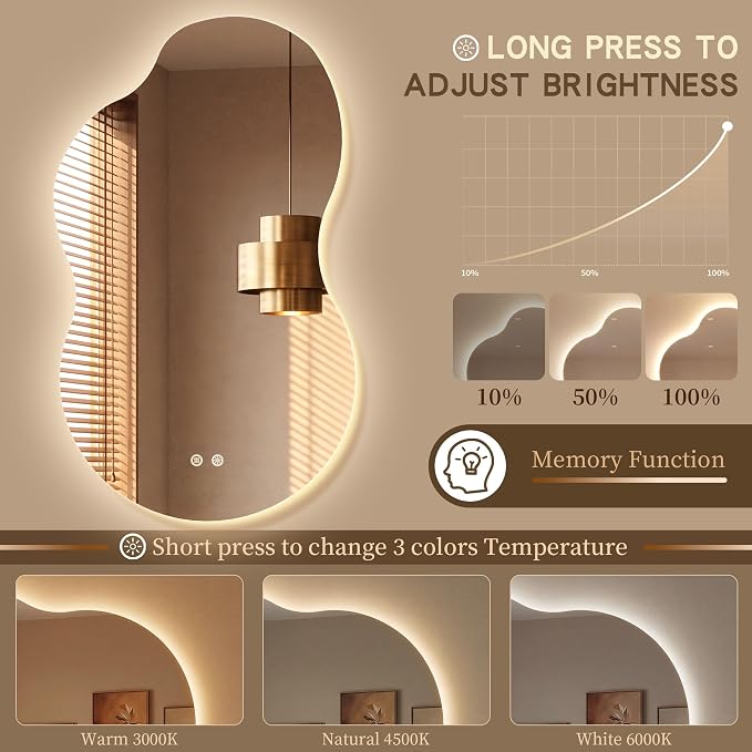48''x26'' Lighted Mirrors for Bathroom Wall Backlit, Cloud LED Bathroom Mirror Frameless with Lights Anti Fog, Dimmable, 3 Colors,Tempered Glass, Shatter-Proof