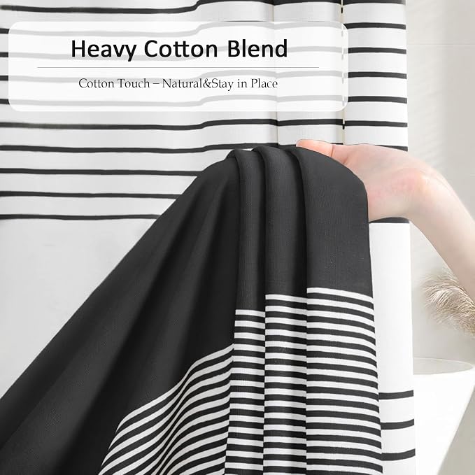 Black Boho Cotton Striped Shower Curtain with Tassel 72" W X 72" L | Boho Farmhouse Shower Curtains for Bathroom with Soft Cotton Feel