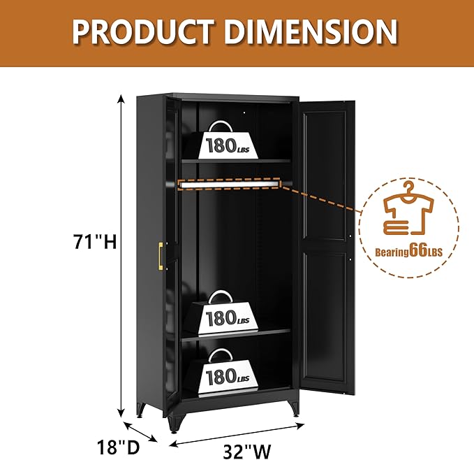 Polup 71" Metal Armoire Wardrobe Closet with Doors and Adjustable Shelves | Freestanding Tall Clothing Storage Cabinet, Heavy Duty, Hanging Rod, Magnetic Closure, for Bedroom, Office, Garage, Black