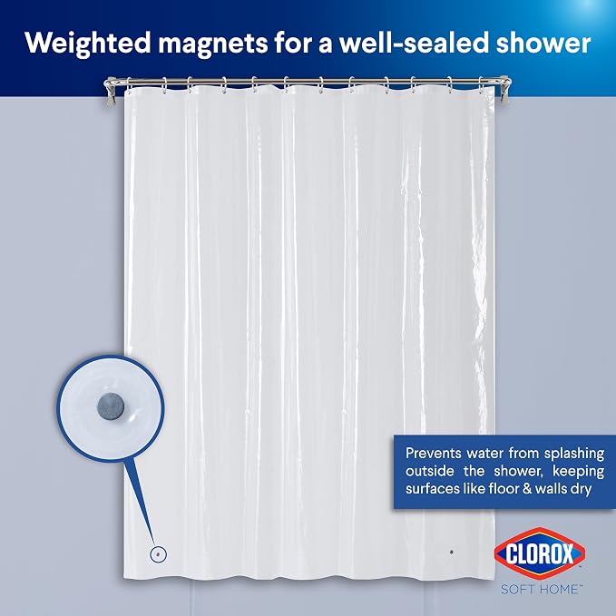 Clorox Shower Curtain Liner & Hooks, Premium Lightweight Flexible Waterproof 4g PEVA for Bathroom with Weighted Magnets, Standard Size 70" x 72", Clear 1 Pack