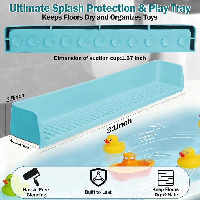 Bathtub Splash Guard for Tub Kids- Silicone Bath Play Shelf | 31" Extra Long Toy Tray & Caddy Holder, Prevent Water Spills & Messy Floors, Tub Edge Guard for Bathroom- Blue