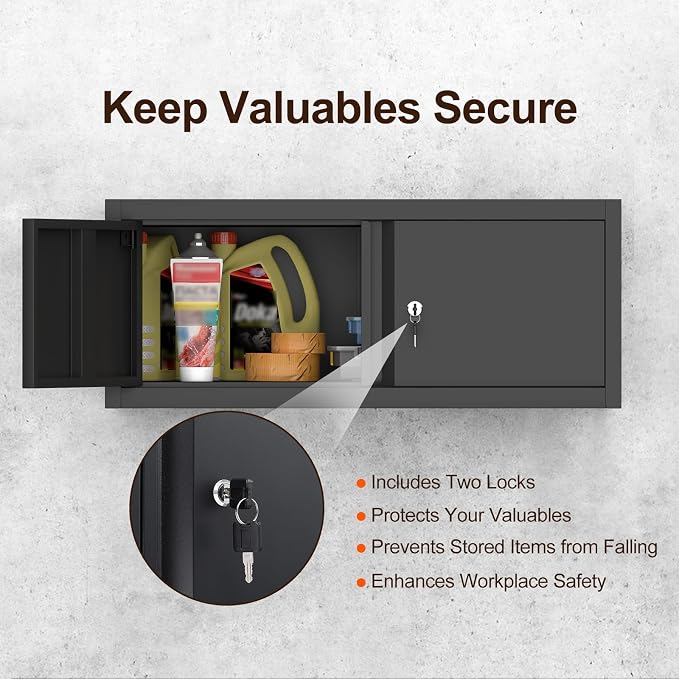Metal Garage Wall Cabinets,13" H Garage Storage Cabinet Wall Mounted,Floating Storage Organization with Doors,Locking Hanging Cabinet for RV,Home Office,Warehouse,Black