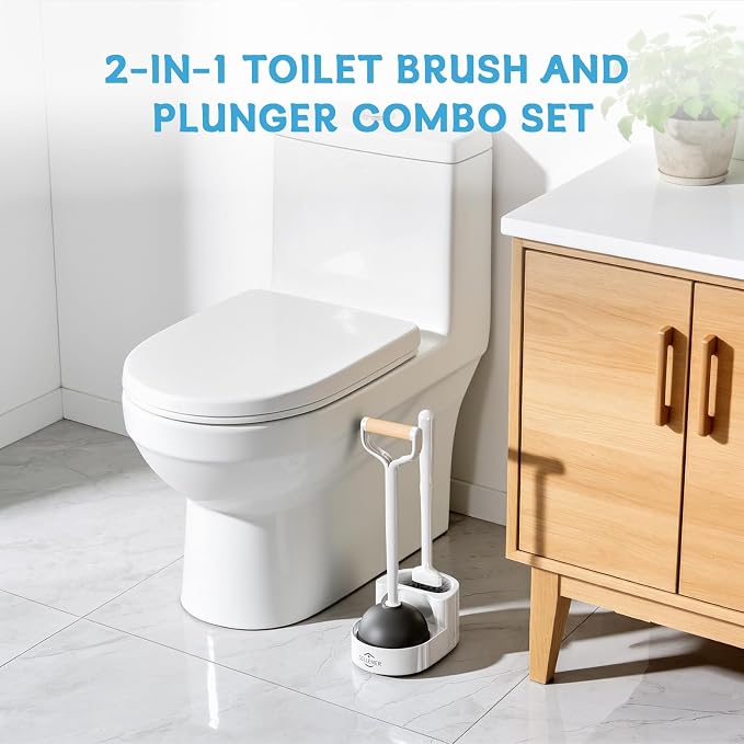 Toilet Brush and Plunger Set, Curved Head for Deep Cleaning, White | Brush and Plunger set, Curved Nylon Bristles for Deep Clean, Strong Suction Plunger, Ventilated Holder for Quickly Air Dry