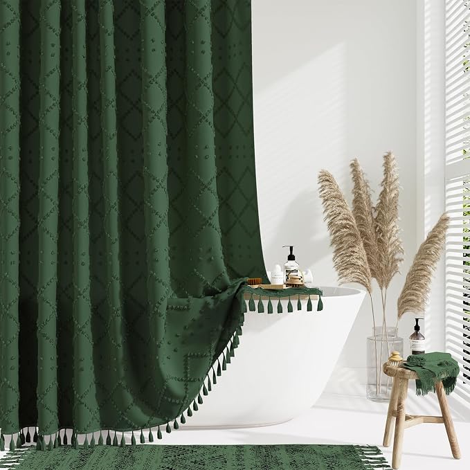 Extra Long Boho Shower Curtain Tufted Geometric 72"x96" Dark Green | 96 Inch Tall, Elegant Tassel, Lightweight Textured Fabric, Water Repellent, Washable, Hotel Spa, for Bathroom/Dorm 12 Hooks