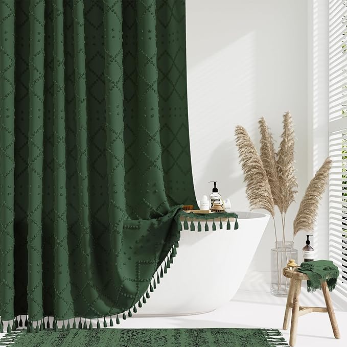 Long Boho Shower Curtain Tufted Geometric 72"x78" Dark Green | 78 Inch Tall, Elegant Tassel, Lightweight Textured Fabric, Water Repellent, Washable, Hotel Spa, for Bathroom/Dorm 12 Hooks