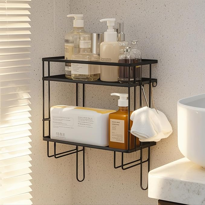 PowerKing Over The Toilet Storage Shelf, 2-Tier Bathroom Organizer, Black | No Drill Installation, Rust Resistant Steel, 2 Hanging Hooks, Toilet Paper Holder, Restroom & Bathroom Space Saver