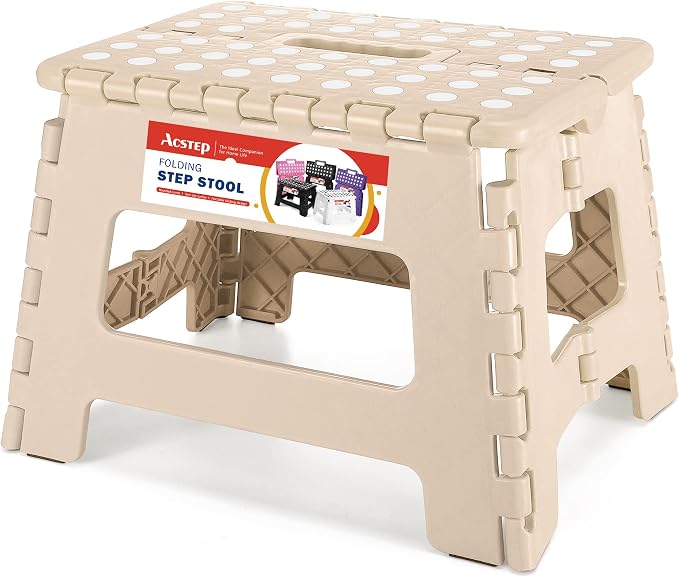 Folding Step Stool 9 Inch, Non-Slip Foldable Stools for Kids, Khaki | Heavy Duty Collapsible Foot Stool, Lightweight, Holds 300lb for Toddler/Adults Kitchen Bathroom Bedroom Outdoor, with Handle