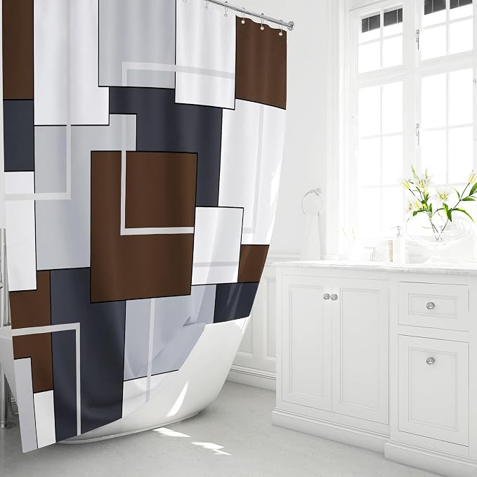72 x 78 Long Modern Geometric Waterproof Fabric Shower Curtain, Brown | Tall Size, Premium Polyester, Weighted Hem, 12 Plastic Hook, Vibrant Color, Wrinkle-resistant, Quick-Dry, Machine Washable