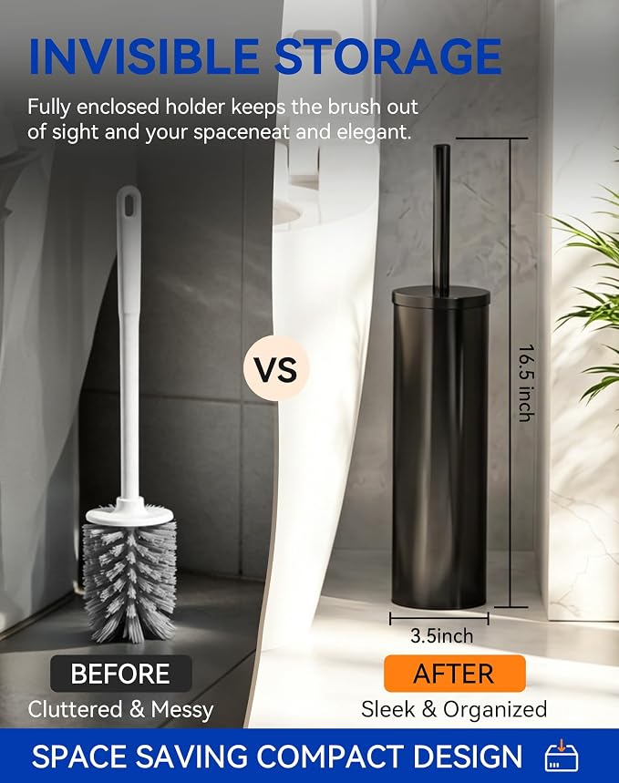 Dowry Toilet Bowl Brush and Holder Set for Bathroom | Deep Cleaning with Long Handle Hidden Toilet Bowl Scrubber with Replaceable Head Modern Decor Black Round