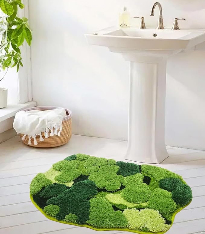 Hifuwan Cute Green Moss Shag Bathroom Rugs, Plant Bath Mats, 20 x 32 Inch | Leaf Bath Rugs for Bathroom Decor Aesthetic, Soft Non Slip Machine Washable, Absorbent Floor Carpets for Indoor Shower Mat