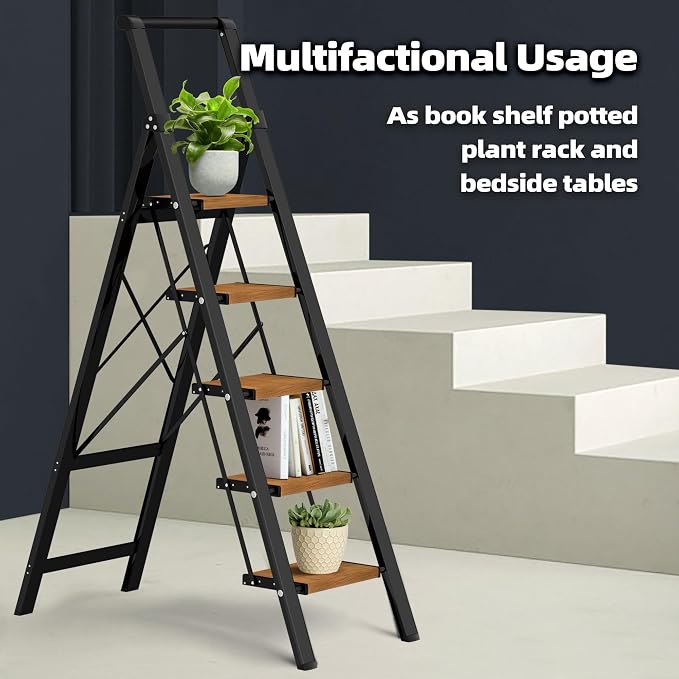 HillhutApex Aluminum 5 Step Ladder, Step Stool Foldable(Black Woodgrain) | Anti-Slip Pedals,330lbs Capacity,Lightweight Folding Ladders for Home,Office,Libaray