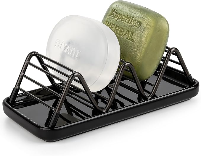 Stainless Steel Soap Dish Draining Soap Holder with Ceramic Tray, Black | Reversible Design Fits 2-3 Bars, Rustproof, Easy to Clean, Space Saving, Non Slip, for Bathroom, Shower, Kitchen