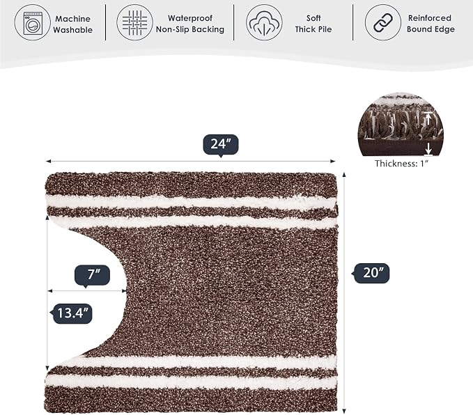 PURRUGS Bathroom Rug, Bath Mat, 20" x 24" U-Shaped, Brown | Machine Washable, Non-Slip, Waterproof TPR Backing, Super Absorbent, Quick Dry, Contour Rug for Toilet Base
