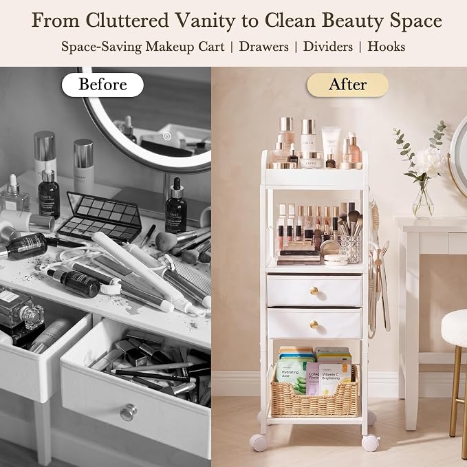 Makeup Organizer Cart with Drawers & 8 Dividers, Rolling Beauty Cart with Hooks for Cosmetics & Skincare, Space Saving Vanity Storage for Bathroom, Bedroom & Small Spaces (White)