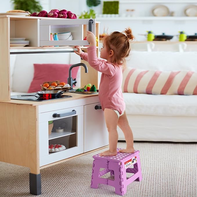 9 Inch Foldable Step Stool for Kids, 300 lb, Light Purple | Lightweight Plastic Small Foldable Step Stool with Handle, Non-Slip, for Kitchen, Bathroom, Bedroom and Closet