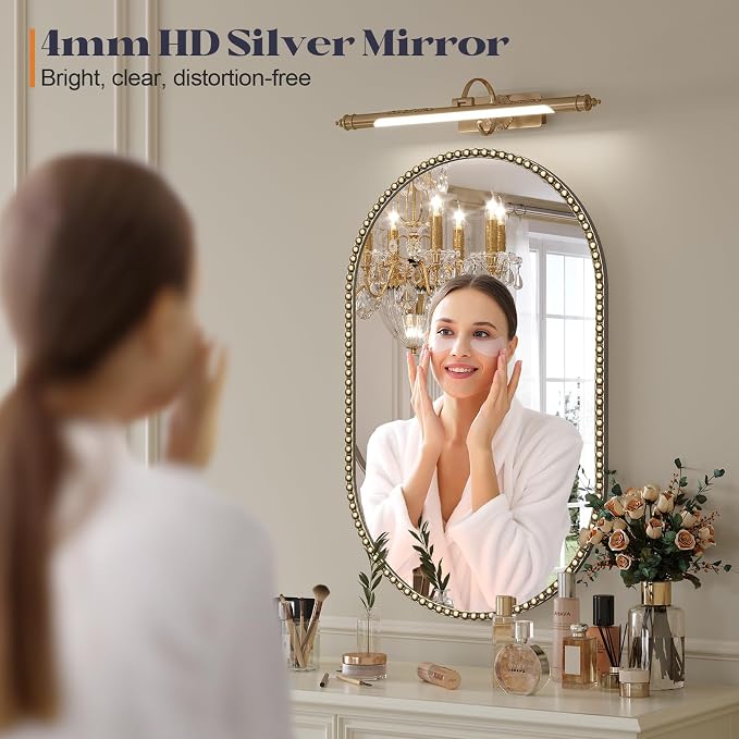 Gold Oval Mirror for Bathroom, 20"x33" Beaded Antique Brass Mirror for Wall Decorated, Champagne Bronze Vintage Vanity Mirrors for Bedroom Living Room Hallway Fireplace