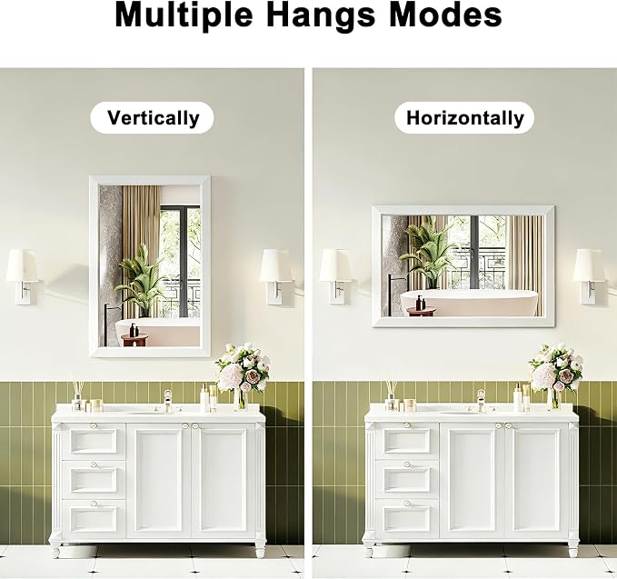 White Bathroom Mirror for Over Sink, 32x40Inch Thick Anti-Rust Metal Frame, Rectangle Decorative Wall Mirror with HD Tempered Glass Horizontal or Vertical Mount for Vanity, Bedroom, Living Room