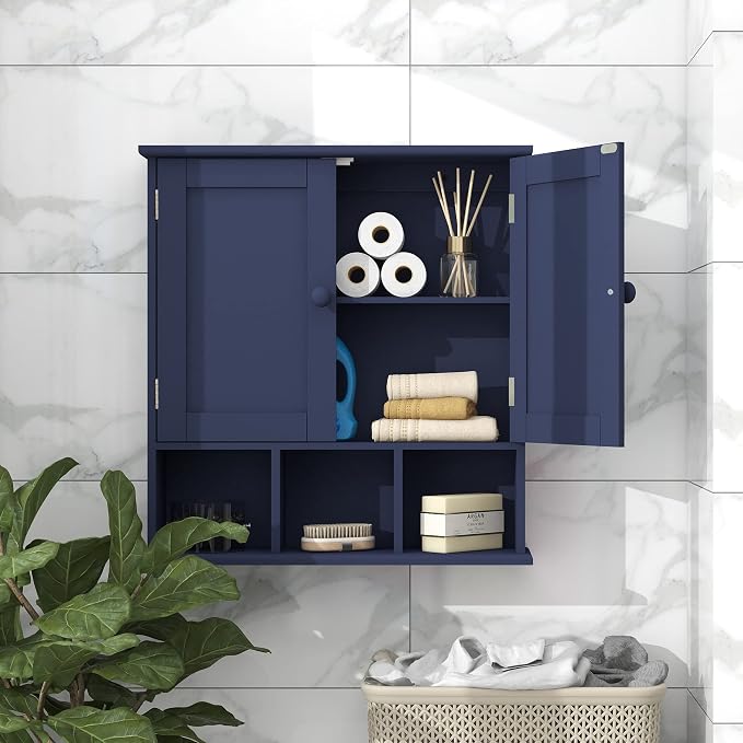 TaoHFE Blue Bathroom Over The Toilet Storage Cabinet | Wall Medicine Cabinet Organizer With 2 Door Adjustable Shelves,Wooden Modern Bathroom Shelves Wall Mounted Laundry Room