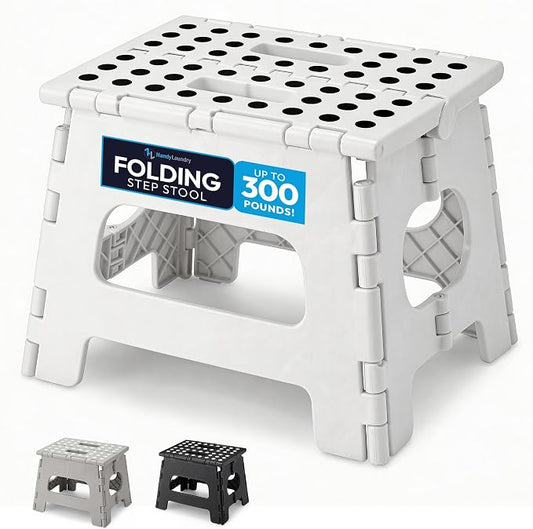 Handy Laundry Folding Step Stool 8 Inch, White, Non-Slip Holds 300 lbs | 8 Inch, White, Foldable Collapsible Step Stool, Non-Slip, Holds 300 lbs, Kitchen Bathroom Bedroom, Adults