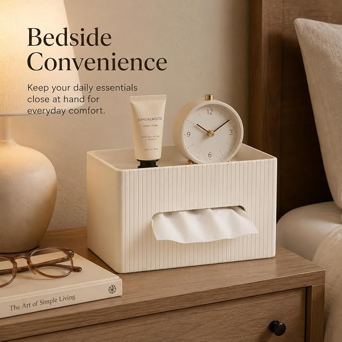 Ribbed PU Leather Tissue Box Cover with Storage Tray, Rectangular Facial Tissue Holder for Bathroom Vanity, Nightstand & Office Desk, Modern Decorative Tissue Dispenser (Ivory White)