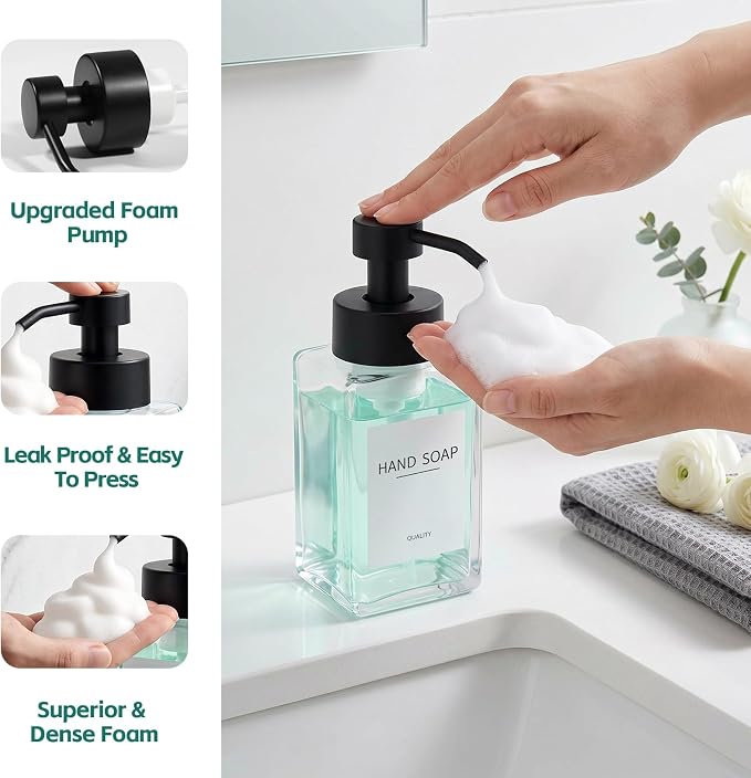 Foaming Soap Dispenser, 12oz/350ml Glass Foaming Hand Soap Dispenser Set, 2Pcs Refillable Foam Soap Dispenser With Foaming Pump, Labels, Square Foam Soap Hand Dispenser For Bathroom, Kitchen