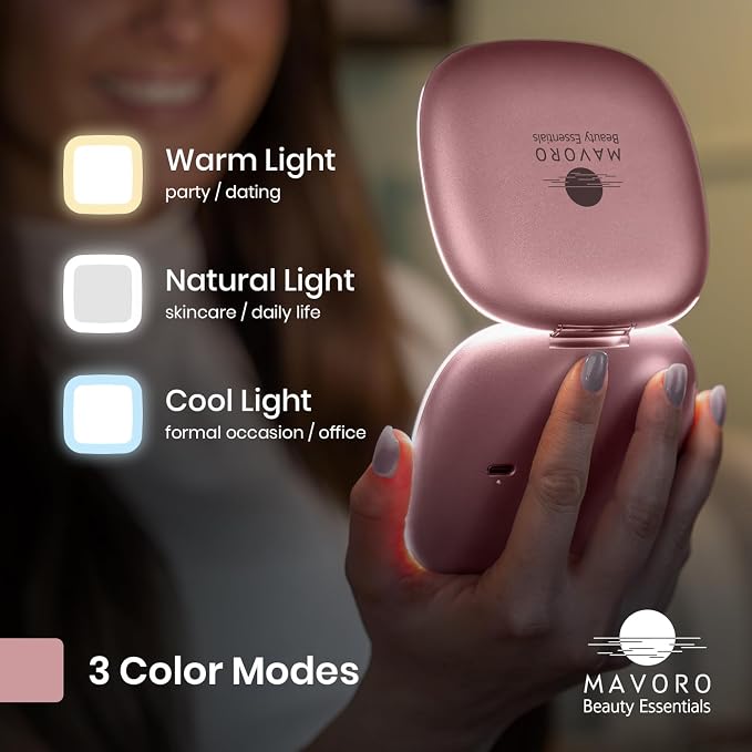 LED Lighted Travel Makeup Mirror 1x/10x, USB-C Rechargeable (Rose Dust)