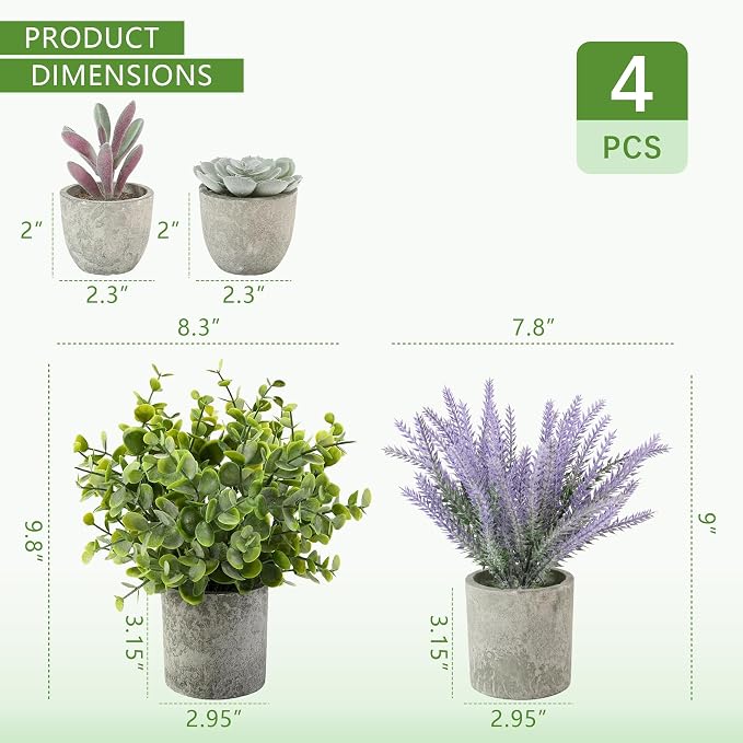 ALAGIRLS 4 Packs Fake Plants Lavender Artificial Plants | Fake Lavender Flowers, Eucalyptus Succulents Plants, Potted Faux Plants for Home Indoor Office Bathroom Living Room Decor
