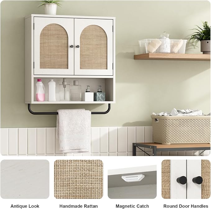 RUSTOWN Rattan Bathroom Wall Cabinet, Boho Medicine Cabinet with 2 Doors | Arched Doors, Farmhouse Over The Toilet Storage Cabinets, Adjustable Shelves, Towel Bar, 3-Tier Wall Mounted Cabinets