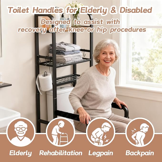 Toilet Safety Rail with Storage, Adjustable Toilet Handles for Elderly & Seniors, Handicap Bathroom Accessories, Easy Installation Bathroom Toilet Grab Bar Fit Any Toilets