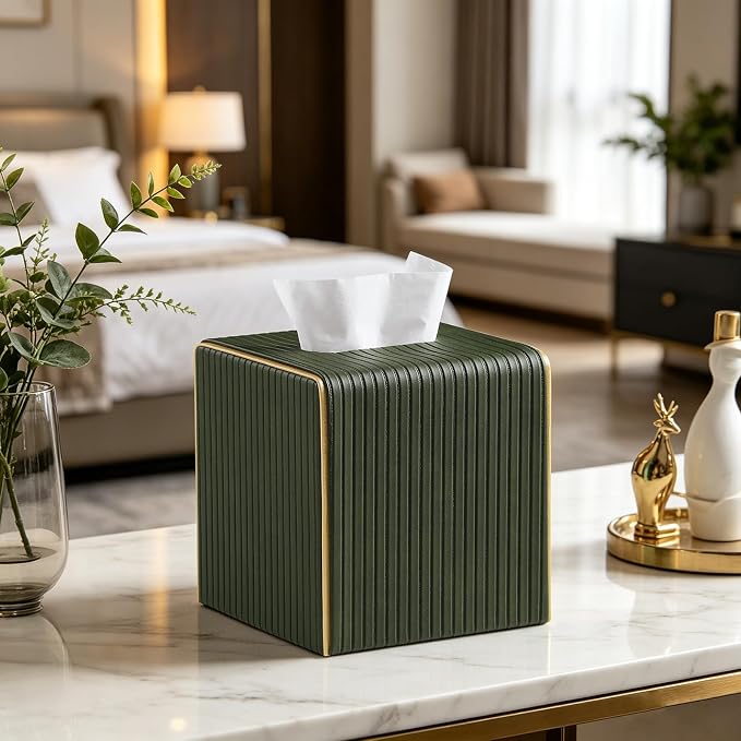 Square PU Leather Tissue Box Cover with Magnetic Closure, Decorative Tissue Holder & Storage Container for Bedroom, Living Room, Dining Room, Bathroom, Countertop, Desk (Square Green)