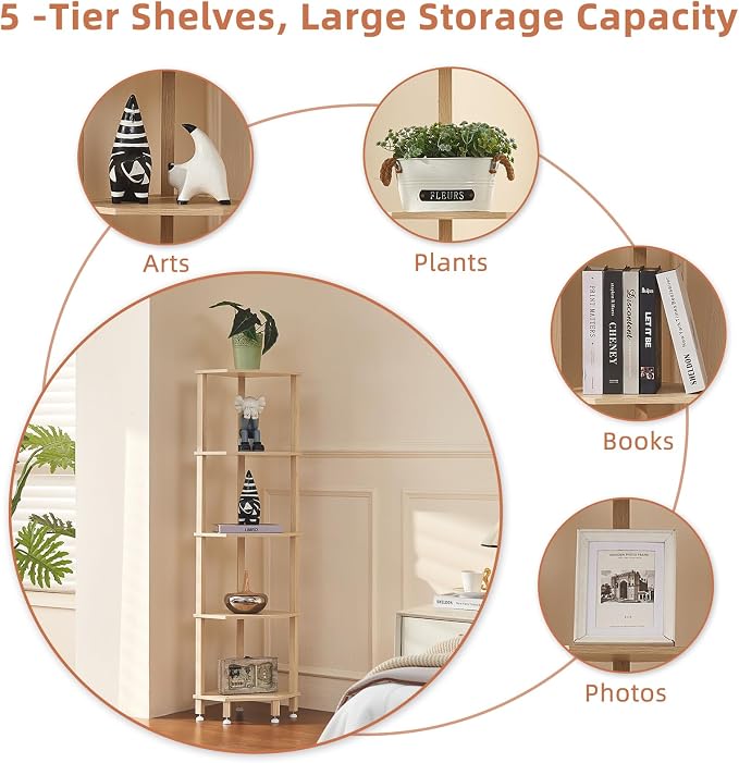 YUFAM 5-Tier Corner Shelf, Natural | Wooden Corner Bookshelf for Small Spaces, Corner Standing Shelf with Sturdy 5-Leg Base for Bathroom