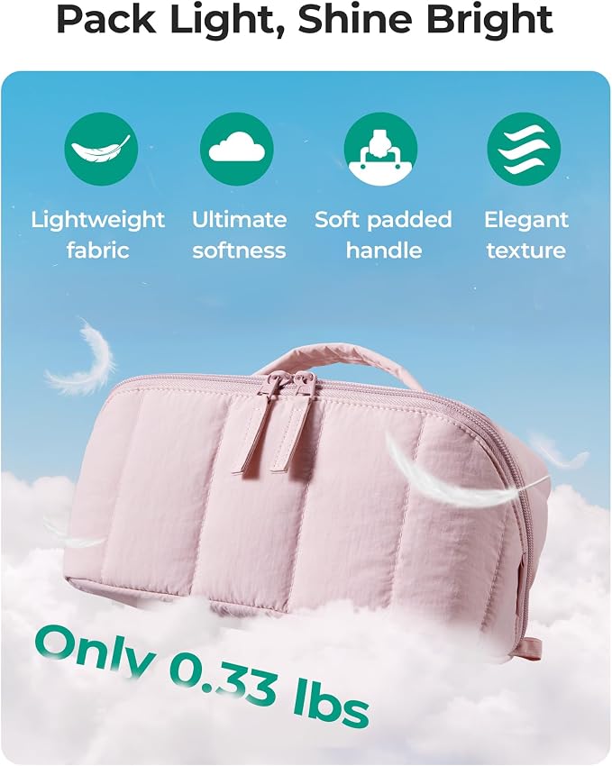 BAGSMART Travel Makeup Bag for Women, Portable Water-resistant Cosmetic Case, Puffy Padded Make Up Organizer Pouch, Open Flat Toiletry Bag for Toiletries, Brushes, Mist Purple