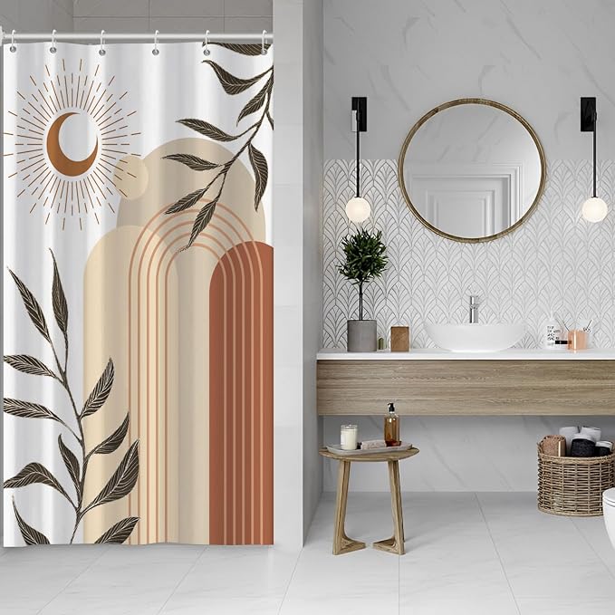 Boho Moon Shower Curtain with Hooks for Bathroom 54x72 Inch | Waterproof Abstract Terracotta and Beige Shower Curtain Set, Mid Century Bathroom Decor
