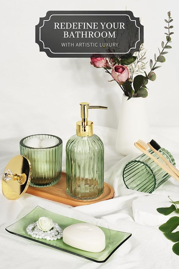 Designer Green Glass Bathroom Accessories Sets - 4 Pcs with Lotion Soap Dispenser, Bathroom Toothbrush Holder, Vanity Tray, and Apothecary Jar, Vintage Bathroom Decor