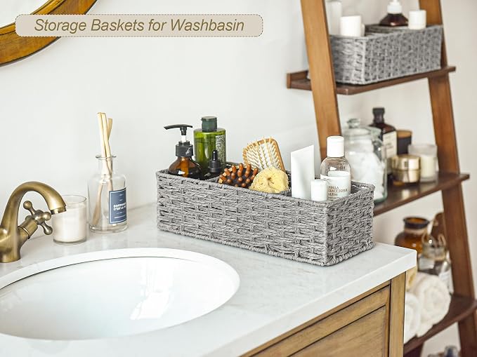 StorageWorks Toilet Paper Basket, Paper Rope Woven Toilet Tank Basket, Gray | Wicker Basket, Toilet Paper Storage for Back of Toilet Tank, Woven Baskets for Shelves, Wicker Baskets with 3 Compartments