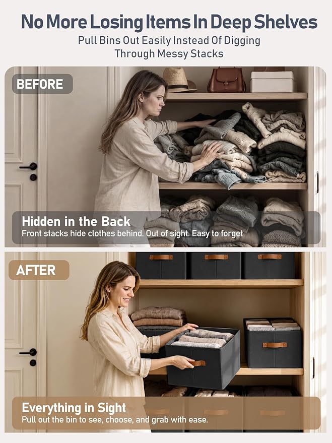 6 Pack Large Closet Storage Baskets Bins for Shelves, Collapsible Fabric Closet Organizers and Storage with Polyester Handles, Decorative Baskets for Organizing Clothes, Towels, Linen Closet 16x12x10"