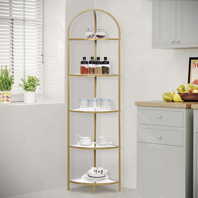 Homhedy 5-Tier Gold Corner Shelf Stand, Metal Corner Bookshelf | Display Shelf, Tempered Glass Shelves, Plant Stand, Storage Rack Shelf for Bedroom, Living Room, Home, Office, Gold