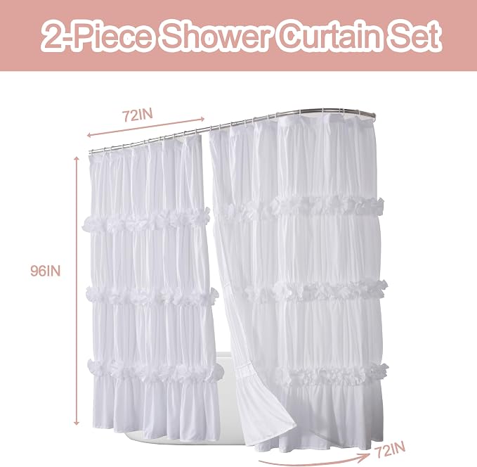 Fabric Shower Curtain 2 Pack, 72" W x 96" L x 2 Panels | Double Panels for Easy Access, Soft Brushed Texture, Elegant Ruffle Design, Hotel-Style Bathroom Décor, White (LQ-44)