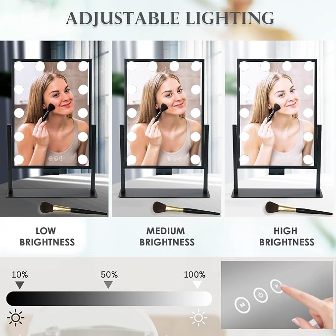 BWLLNI Vanity Mirror with Lights, Black Makeup Mirror with Phone Holder | Hollywood Mirror with 12 Dimmable LED Bulbs, 3 Color Lighting Modes, Detachable 10X Magnification, 360°Rotation