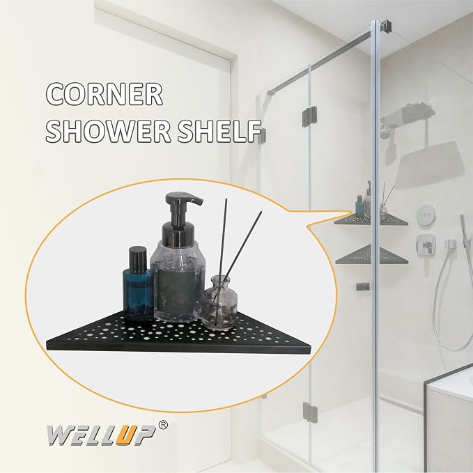 WELLUP Shower Corner Shelf 2 Pack,10" Shower Shelf for Tiled Wall Black | 304 Stainless Steel Corner Shower Shelf,Shower Corner Shelf for 90°Tiled Wall,15 lbs Capacity,Hollowed Drainage,Easy Install