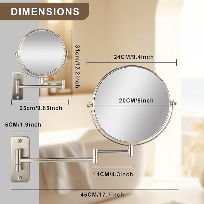 JANEEVA 8" Wall Mounted Makeup Mirror, 1X/10X Magnifying Mirror with 360° Extendable Arm, Double Sided Bathroom Vanity Mirror for Man & Woman (Brushed Nickel)